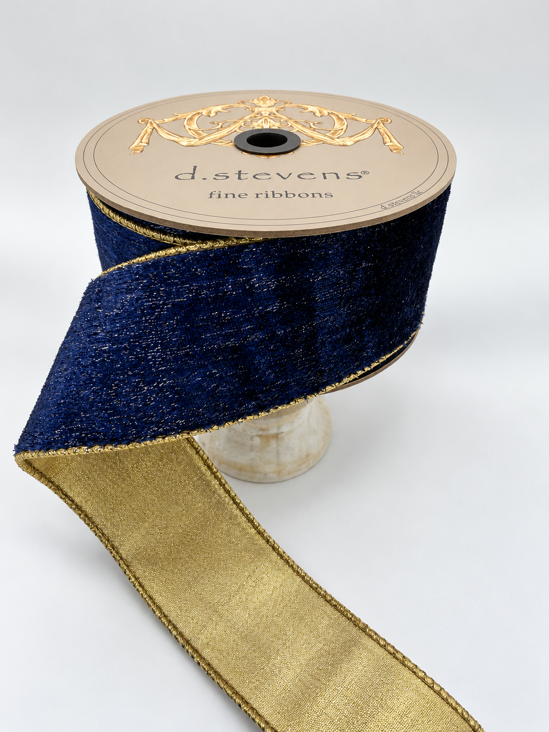d. Stevens Navy Blue Ice Velvet with Metallic Gold Back Wired Ribbon – 2.5" x 10 Yards