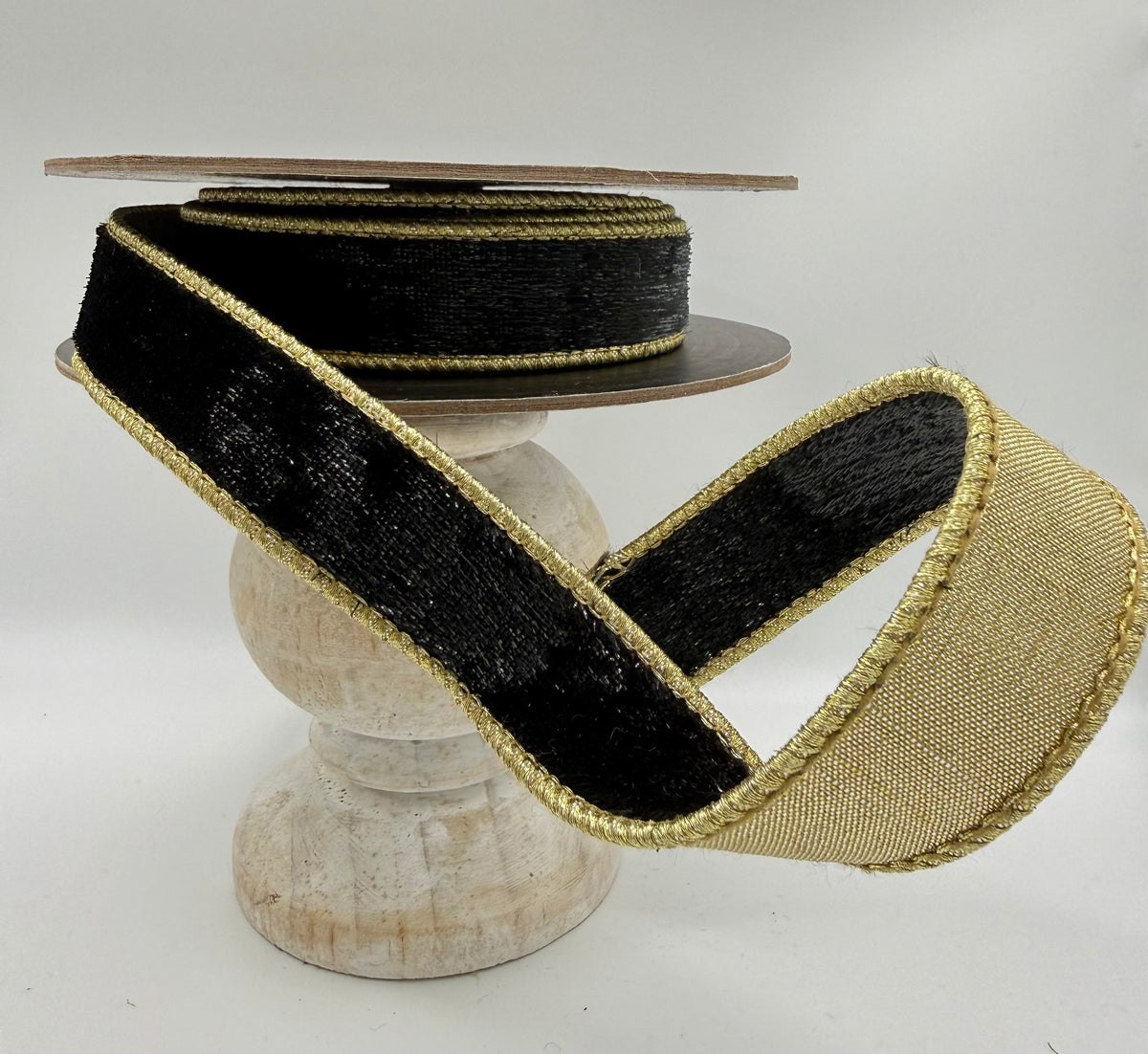 d. Stevens Black Ice Velvet & Gold Metallic Back Wired Ribbon – 1" x 10 Yards