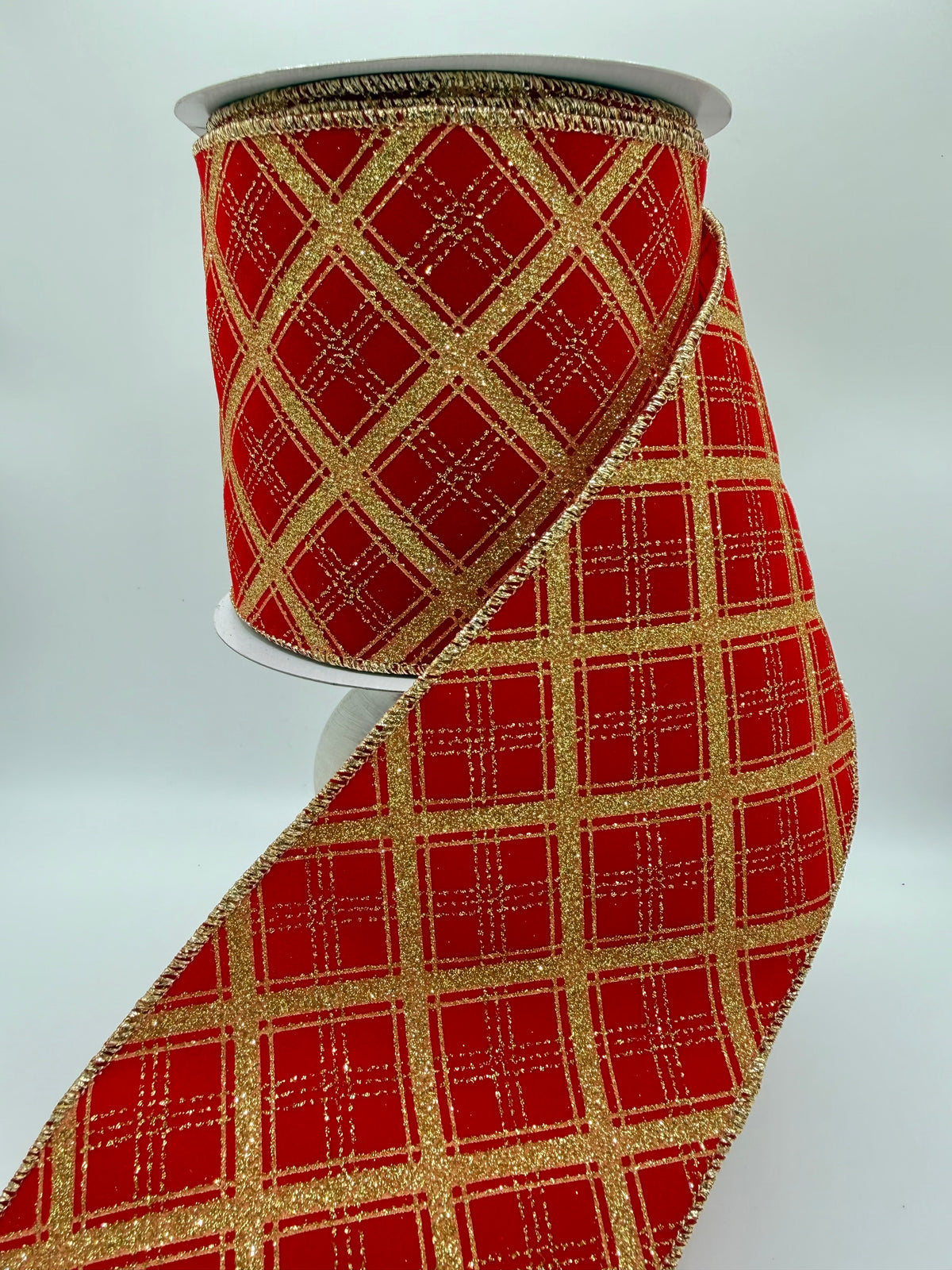 Reliant Ribbon Red and Gold Lattice Glitter Velvet Wired Ribbon – 4" x 10 Yards