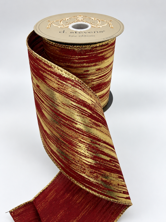 d. Stevens Burgundy Satin with Brushed Gold Glitter Metallic Wired Ribbon – 4" x 10 Yards