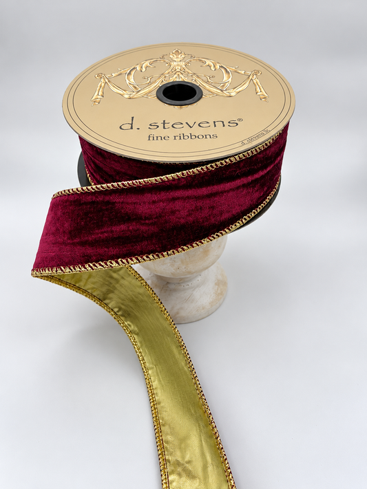 d. Stevens Burgundy Marble Velvet with Gold Lamé Back Heavy Wired Ribbon – 1.5" x 10 Yards