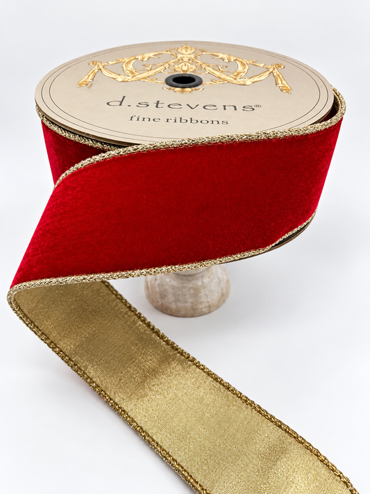 d. Stevens Red Velvet with Metallic Gold Back & Glittered Gold Trim Heavy Wired Ribbon