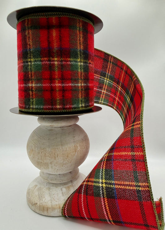 d. Stevens Cheyenne Plaid Faux Wool Wired Ribbon – Red, Green & Black, 4" x 10 Yards