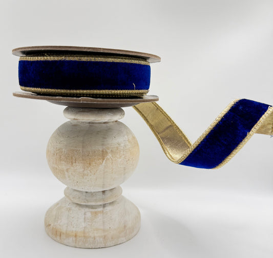 Reliant Ribbon Deluxe Plush Royal Blue Velvet & Metallic Dupioni Back Wired Ribbon – 1" x 5 Yards