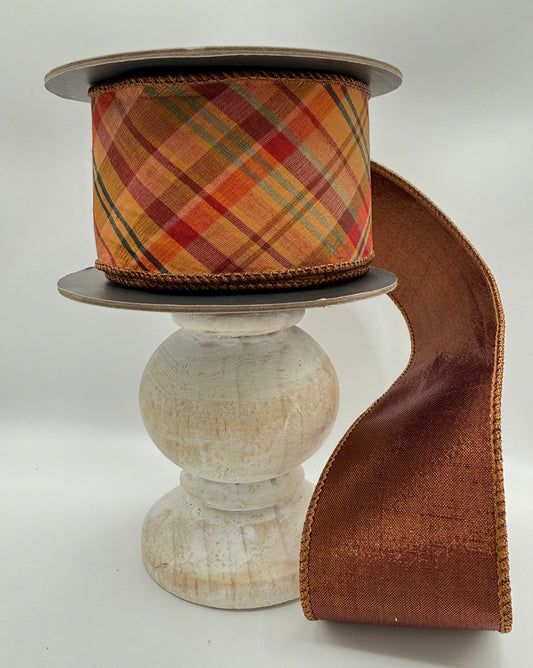 Reliant Ribbon Tierra Tonal Plaid & Copper Metallic Wired Ribbon – 2.5" x 10 Yards