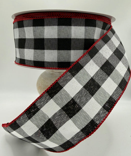 Reliant Ribbon Celine Black, White & Gray Check Plaid Twill Wired Ribbon – 2.5" x 50 Yards
