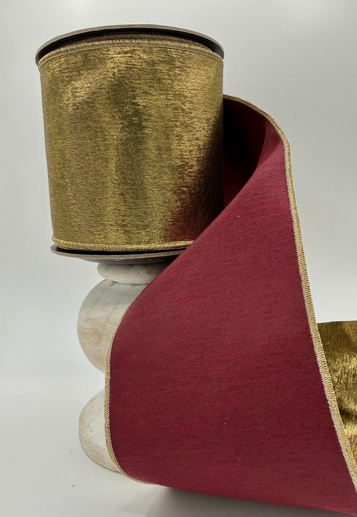 d. Stevens Antique Gold Brushed Metallic Wired Ribbon with Burgundy Back – 4" x 10 Yards