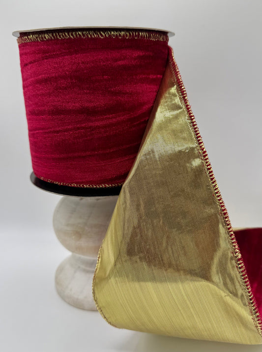 d. Stevens Vintage Red Marble Velvet with Gold Lamé Back Wired Ribbon – 4" x 10 Yards