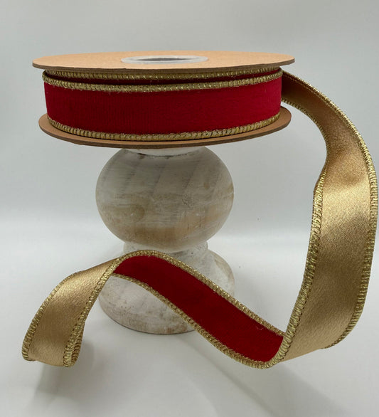 Reversible Red Velvet & Metallic Gold Wired Ribbon – 1" x 10 Yards