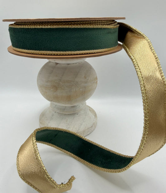 La Ribbons Reversible Forest Green Velvet & Metallic Gold Wired Ribbon – 1" x 10 Yards
