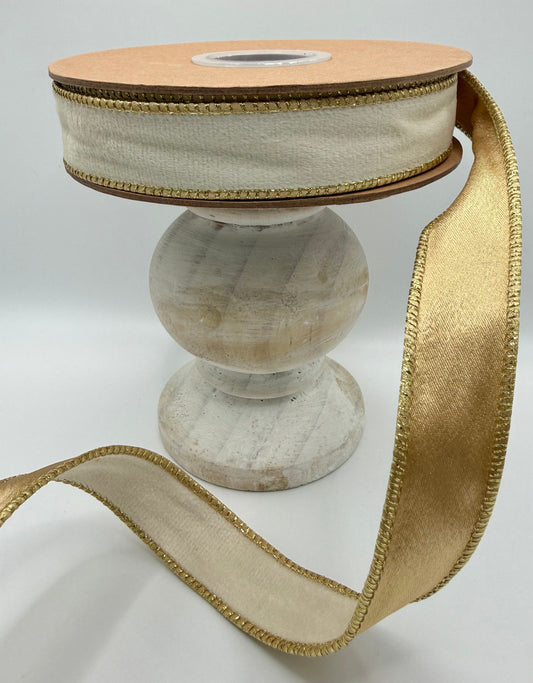 La Ribbons Reversible Ivory Velvet & Metallic Gold Wired Ribbon – 1" x 10 Yards