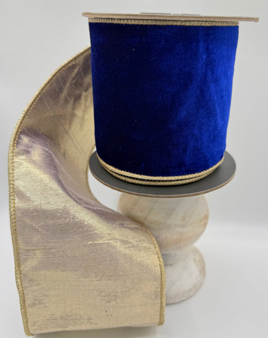 Reliant Ribbon Deluxe Plush Royal Blue Velvet & Metallic Dupioni Back Wired Ribbon – 4" x 5 Yards