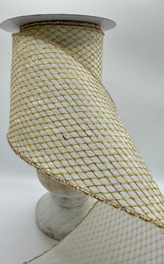 Reliant Ribbon Ivory Mesh Velvet Metallic Wired Ribbon – 4" x 10 Yards
